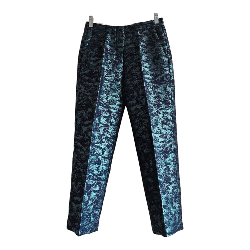 J.Crew Women's 00 Pants Evergreen Jacquard Green Black Metallic Very Nice